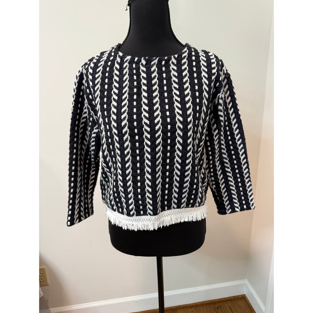 TILE Sweater in Navy and White Stripe with White Fringe